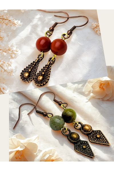 ayrestyle Jasper & Indian Akiki Natural Stone 2-Piece Earring Set, Authentic Natural Stone Women's Earrings with Dangle