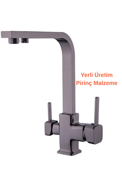 KAVİTİCARET Square Model Anthracite Gray 3-Way Purified Kitchen Faucet with 2 Years Warranty (Heavy Brass Material)