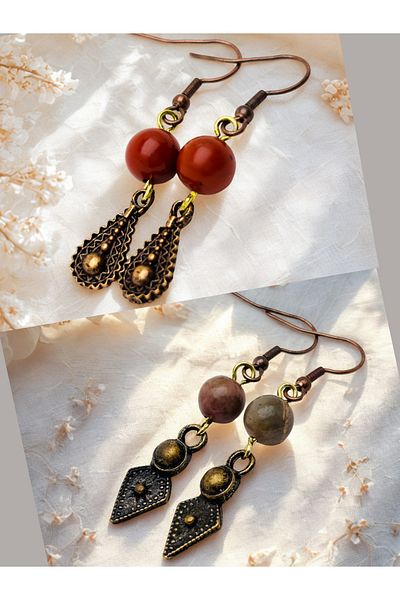 ayrestyle Jasper & Rhodonite Natural Stone 2-Piece Earring Set, Authentic Natural Stone Women's Earrings with Dangle