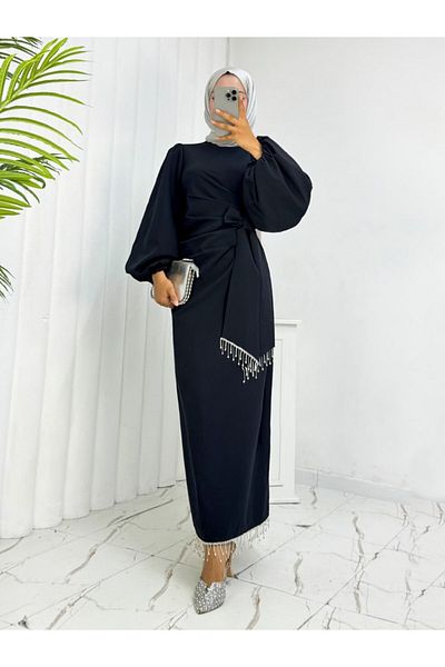 Modamorfo Balloon Sleeve Side Tie Stone Tassel Crepe Dress - Black