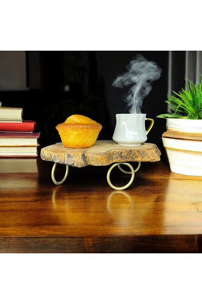 Home Olive Tree Coffee Presentation Plate Set of 4 - Natural Wooden Coaster Tray with Gold Legs