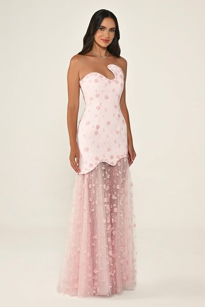 ALFABETA KADIN ABİYE STRAPLEZ ASİMETRİK YAKA ETEGİ TÜL PAYETLİ UZUN ELBİSE