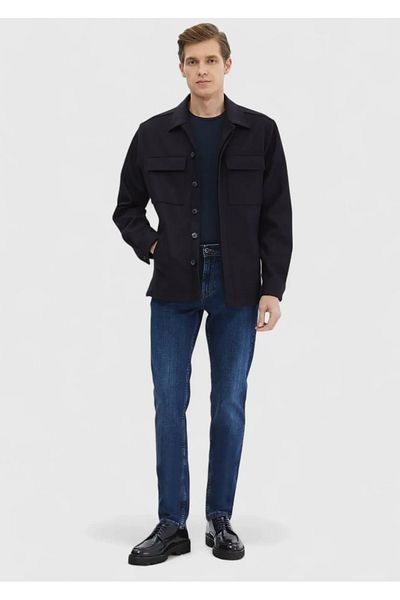 Ramsey Navy Blue Plain Woven 100% Wool Overshirt