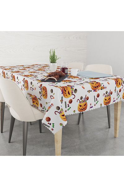 yok yok evim eve dair her şey Halloween Themed Pumpkin Patterned Linen Effect Worry-Free Tablecloth