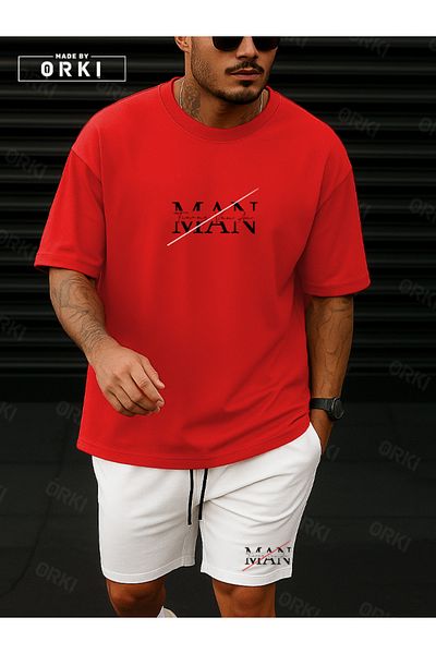EFFRENATU Man Printed – Oversize Men's Red T-Shirt & White Shorts Set