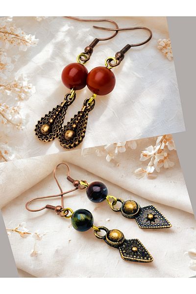 ayrestyle Jasper & Tiger Eye Natural Stone 2-Piece Earring Set, Authentic Natural Stone Women's Earring with Dangle