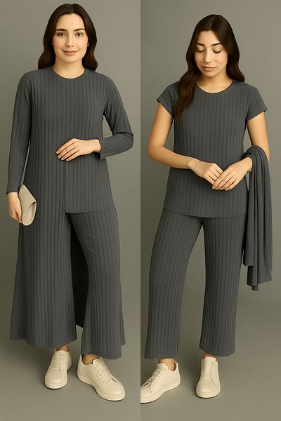 glanour Ribbed Blouse Pants Cardigan Triple Set