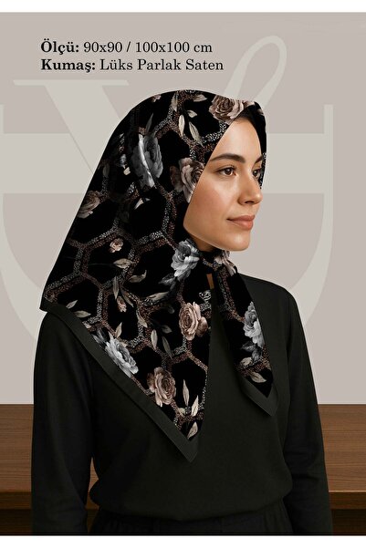 DESENİX وشاح بنمط زهور ونمط هندسي على خلفية سوداء |   90x90 - 100x100 سم |   ...