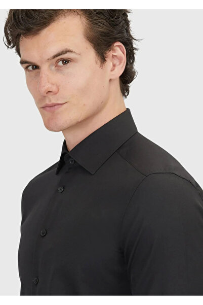 Ramsey Cămașă neagră, simplă, slim fit, țesută clasică din amestec de bumbac