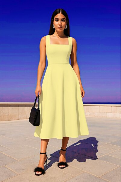 Gökçe Kaplan Store Kadın Kare Yaka Kalın Askılı Tasarım Midi Boy Elbise