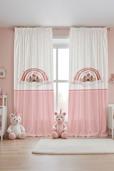 EVPANYA Pink Rainbow Castle Patterned Children's Baby Room Background Curtain (Single Wing Pricing)