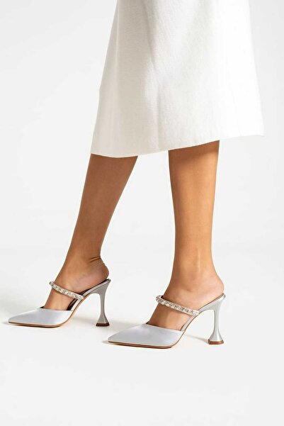 Bayramoğlu Silver Satin Stone Thin Heeled Shoes (9cm)