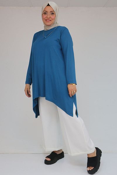Eslina 58070 Large Size Asymmetric Cut Combed Cotton Tunic - Petrol