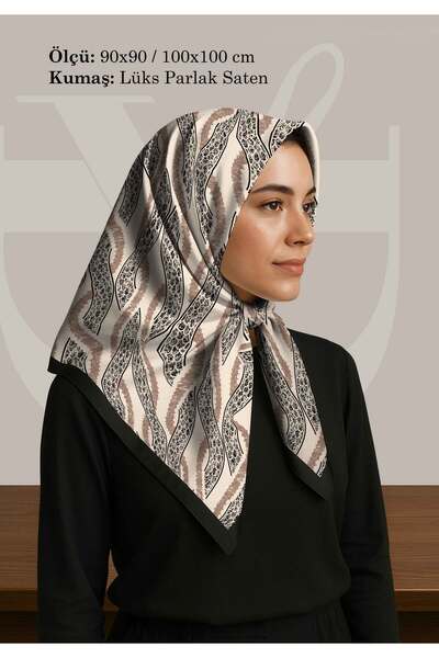 DESENİX وشاح منقوش بشريط مموج بخلفية كريمية |   90x90 - 100x100 سم |   قماش ا...