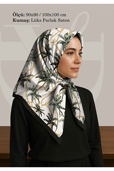 DESENİX وشاح بنمط النخيل الاستوائي والسلسلة |   خلفية بيضاء |   90x90 - 100x1...