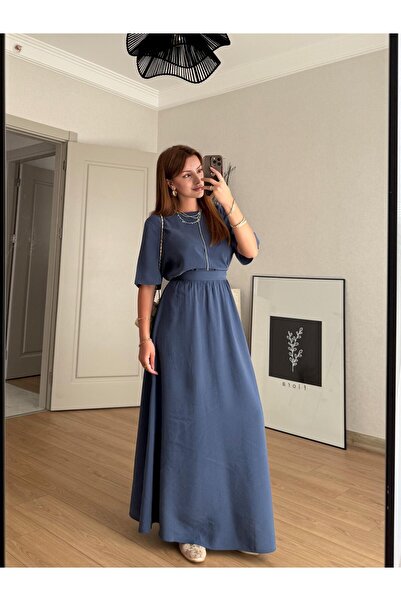 BAŞARAN Indigo Slit Long Skirt and Blouse