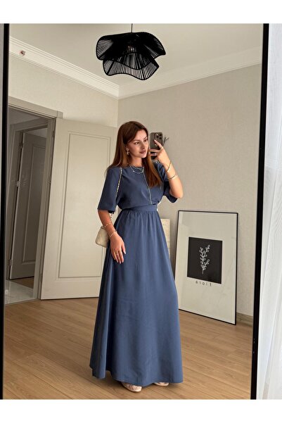BAŞARAN Indigo Slit Long Skirt and Blouse