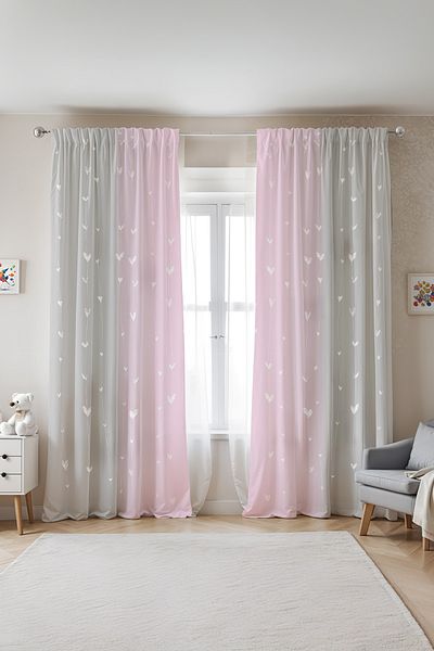 EVPANYA Gray Pink Rope Hearts Patterned Children's Baby Room Background Curtain (Single Wing Pricing)
