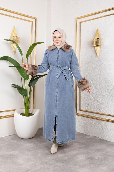 Hb Harma Time Butik Women's Fur Detailed Belted Lined Blue Cap