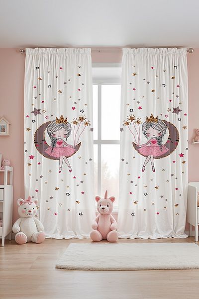 EVPANYA Princess Patterned Children's Baby Room Background Curtain on White (Single Wing Pricing)