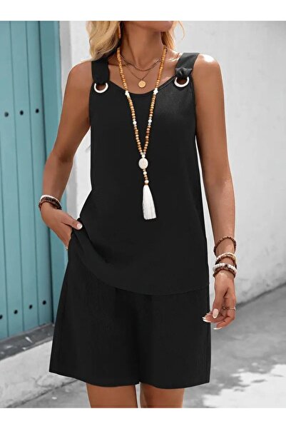 Modayakamoz Kadın Askılı Yuvarlak Yaka Kuş Gözü Detaylı Bürümcük Bluz Ve Short Ikili Takım