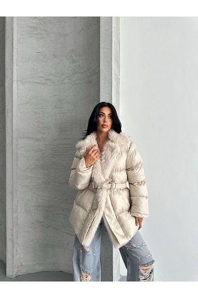 NET OF NOT Alessi Beige Long Fur Inside Premium Quality Waterproof Inflatable Coat Suitable for Hijab