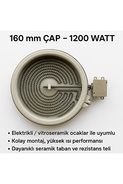 Baytech Elektrikli Ocak Rezistansı(Çap16cm)1200W)– Halojen/Spiral Isıtıcı Göz – Yüksek Isı Performansı