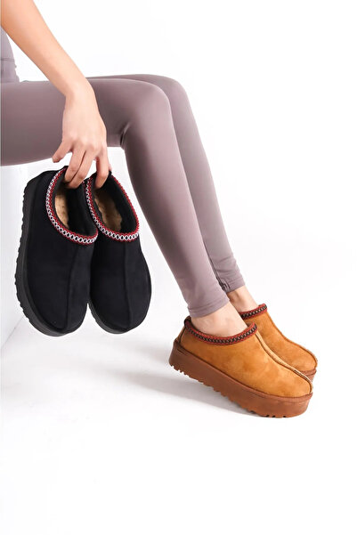 moun shoes Κοντές μίνι μαύρες γυναικείες μπότες με επένδυση από γούνα και χοντρή σόλα