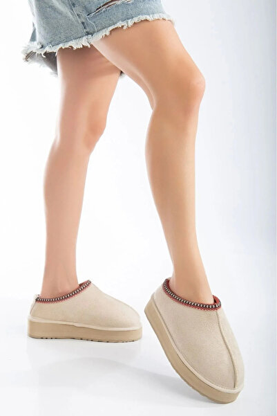 moun shoes Kısa Mini Bej Süet Içi Kürklü Kalın Taban Kadın Bot