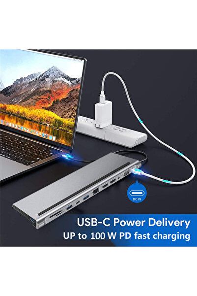 Yellowtech 12-in-1 USB-C Çoklayıcı – 4K HDMI, Ethernet, 100 W PD, USB 3.0, SD/TF, 3.5 mm Jack