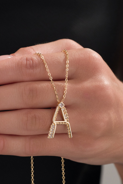 elushcollection A Harf Zirkon Taşlı Gold Renkli Kolye