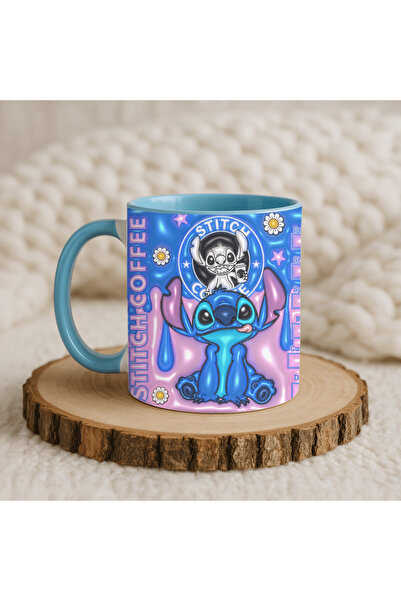 Solid Baskı Stüdyosu Lilo Ve Stitch Figürlü Kupa Bardak - Sapı ve İçi Mavi Modern Tasarım- Hediye İçin Uygun