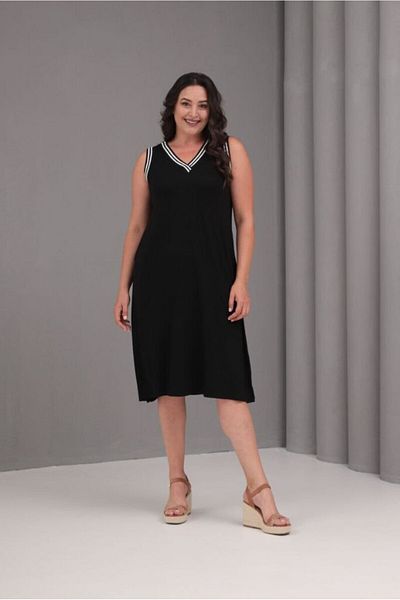 FOR ESRA BIG TREND Women's Plus Size Sleeve Collar Stripe Detail V Neck Pocket Sleeveless Viscose Midi Length Dress