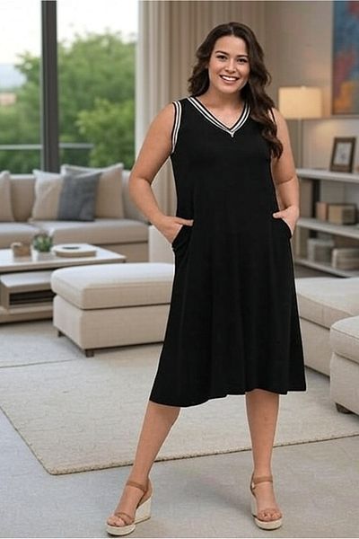 FOR ESRA BIG TREND Women's Plus Size Sleeve Collar Stripe Detail V Neck Pocket Sleeveless Viscose Midi Length Dress