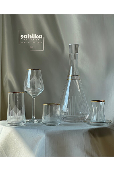 Şahika Kristal cama atılan imza 61 Parça Safir Gold 12 Kişilik Kesme Cam Bard...