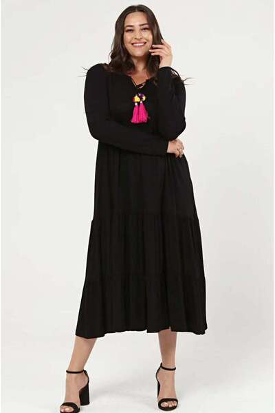 FOR ESRA BIG TREND Γυναικείο φόρεμα μεγάλου μεγέθους V με κούφιο γιακά με φούντα με μακρυμάνικο βισκόζη ελαστικό φόρεμα