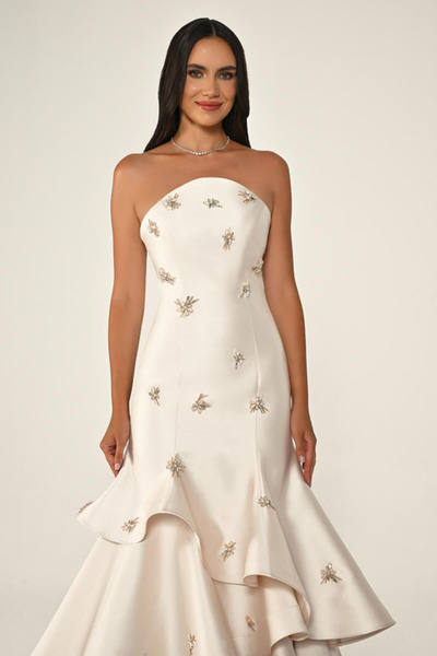 ALFABETA KADIN ABİYE STRAPLEZ KATLI ETEK TAŞLI SATEN UZUN ŞIK ELBİSE