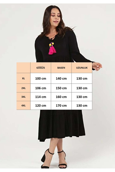 FOR ESRA BIG TREND Γυναικείο φόρεμα μεγάλου μεγέθους V με κούφιο γιακά με φούντα με μακρυμάνικο βισκόζη ελαστικό φόρεμα