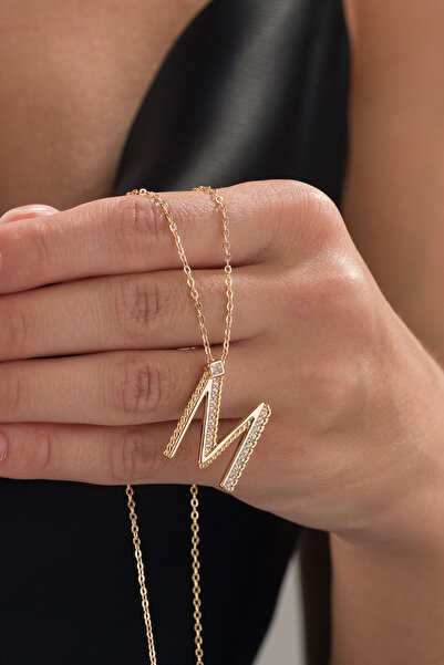 elushcollection M Harf Zirkon Taşlı Gold Renkli Kolye