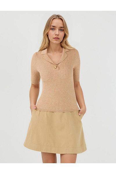 Jimmy Key Beige Melange Slim Fit Shirt Collar Elbow Sleeve Knitwear Sweater