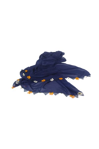 SYAZE Navy Blue Chiffon Prayer Cover – Orange White Flower Motif Handmade Needlework