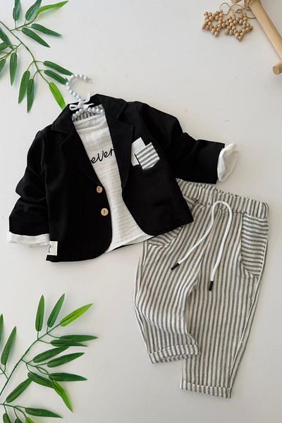 Minigimin Cicileri Miniğimin Cicileri Sports Muslin Buttoned Jacket 3 Piece Set - Black