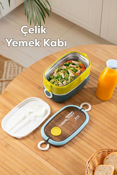 Porsima 66729 Vacuum Lunch Box Two-Layer Stainless Steel Easy to Lock Self-Spoon Lunch Box