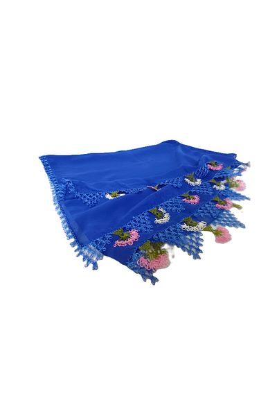 SYAZE Saks Blue Chiffon Prayer Cover – Handmade Needlework with Pink and White Flower Motifs