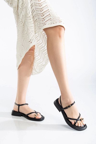 Işıltı kidss Nordi Black Leather Belted Sandals