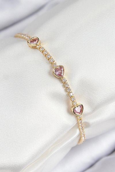 shopwave Brass Zircon Stone Pink Heart Model Gold Color Women's Bracelet