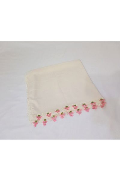 SYAZE Cream Chiffon Prayer Cover – Handmade Needlework with Pink Flower Motif