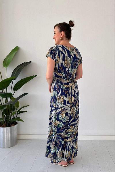 MaziButik Leafy Viscose Dress Navy Blue