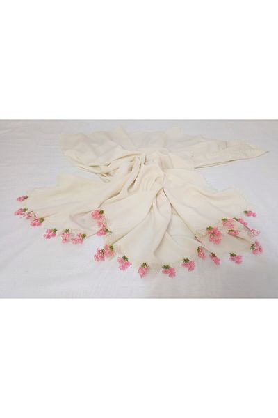 SYAZE Cream Chiffon Prayer Cover – Handmade Needlework with Pink Flower Motif
