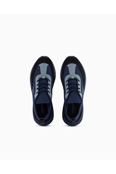 Emporio Armani Erkek Örme ve Süet Detaylı Burunlu Kartal Logolu Yuvarlak Mavi Sneaker EM003739 AF19724-MC038